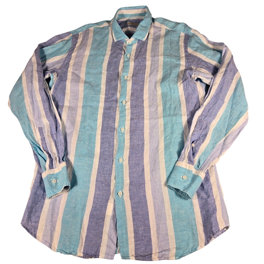 Tommaso Mezzetti Mens Xxl Blue Turquoise Striped Linen Button Dwn Shirt Long Slv
